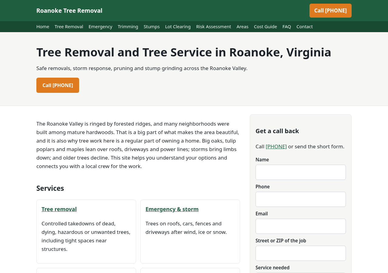 Screenshot of roanoketreeremoval.com homepage