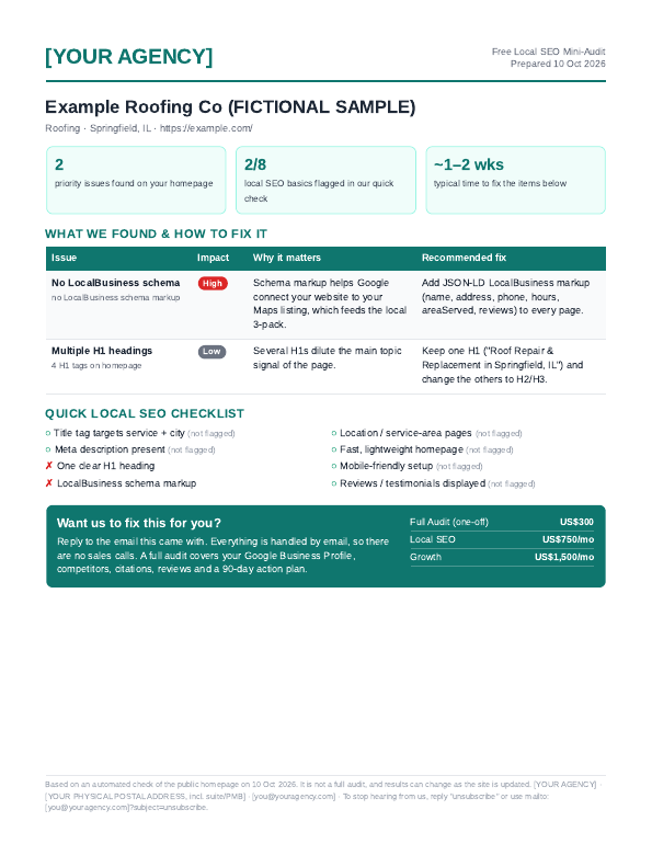 Sample one-page mini-audit generated for a fictional roofing business